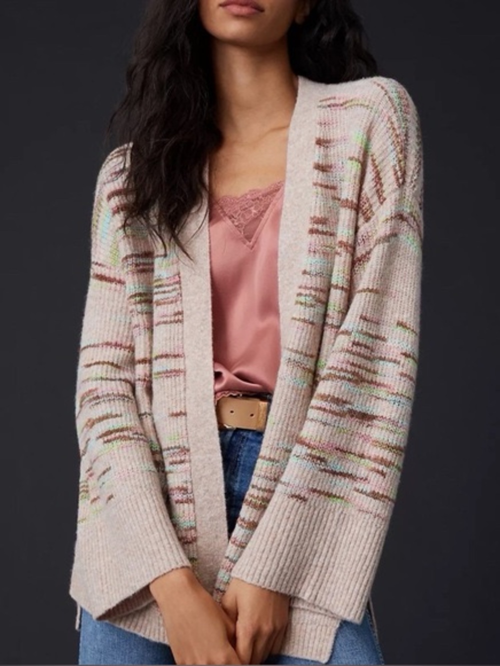 Anthropologie Leah Space Dyed Open Front Cardigan Wide Sleeve Wool Blend Medium